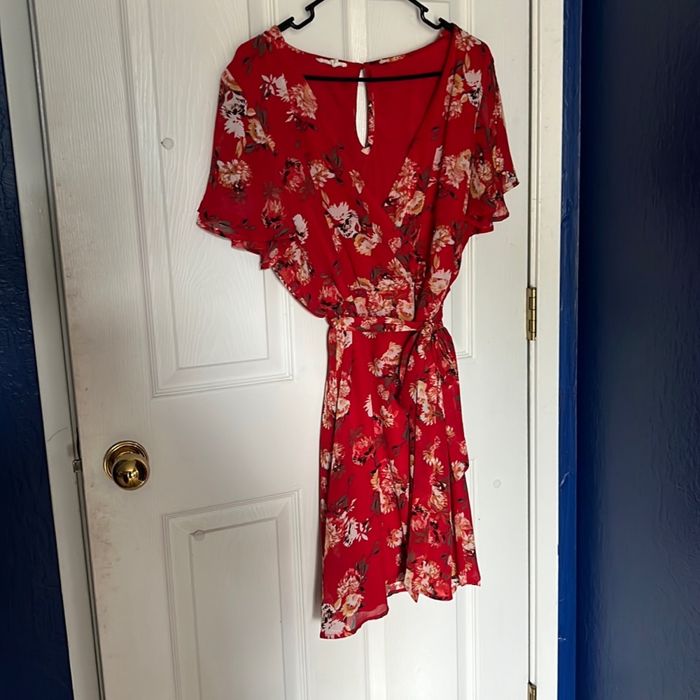Red Floral faux wrap dress